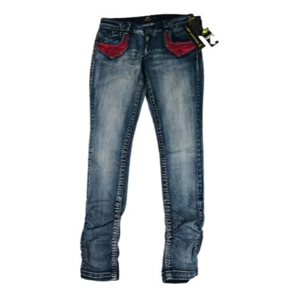 Akademiks AKDMKS Straight Leg Jean Blue Heart Red Sequin 98% Cotton Size 34 NWT - Picture 1 of 12